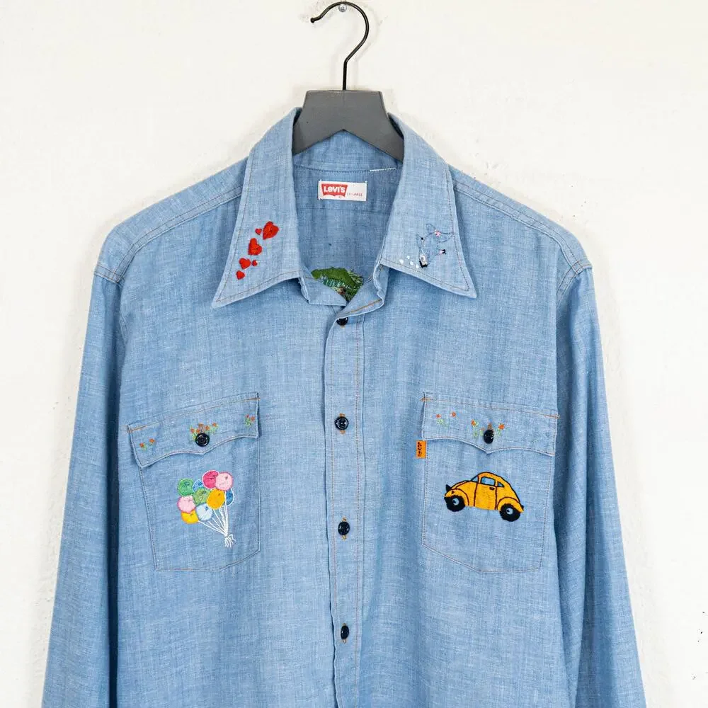 Vintage 70s Levi's Orange tab Embroidered Chambray Shirt blue sz XL